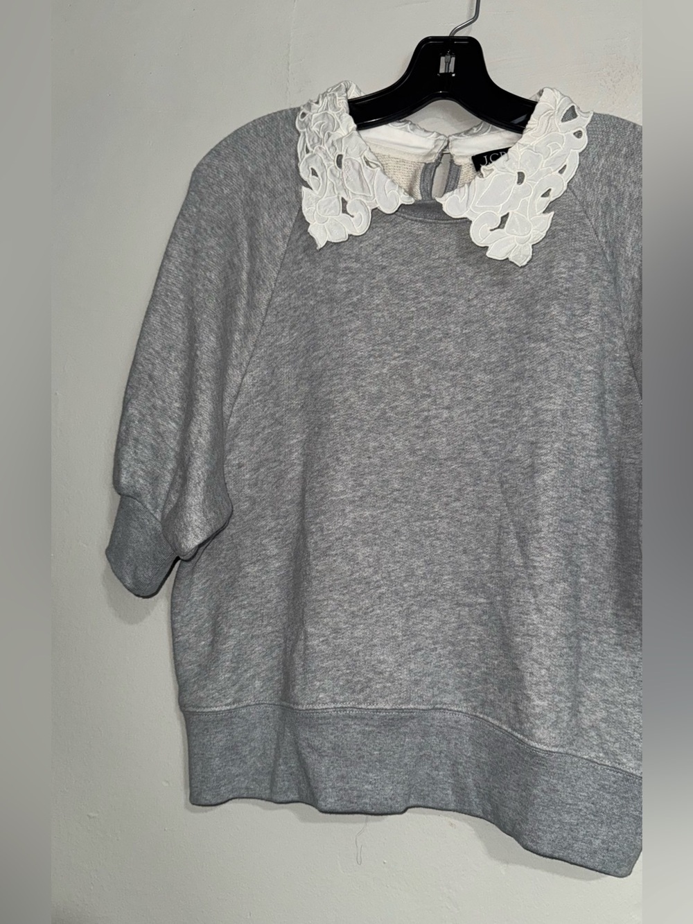 J. Crew Light Gray Puff-Sleeve Sweatshirt with White Floral Collar - Picture 8 of 16
